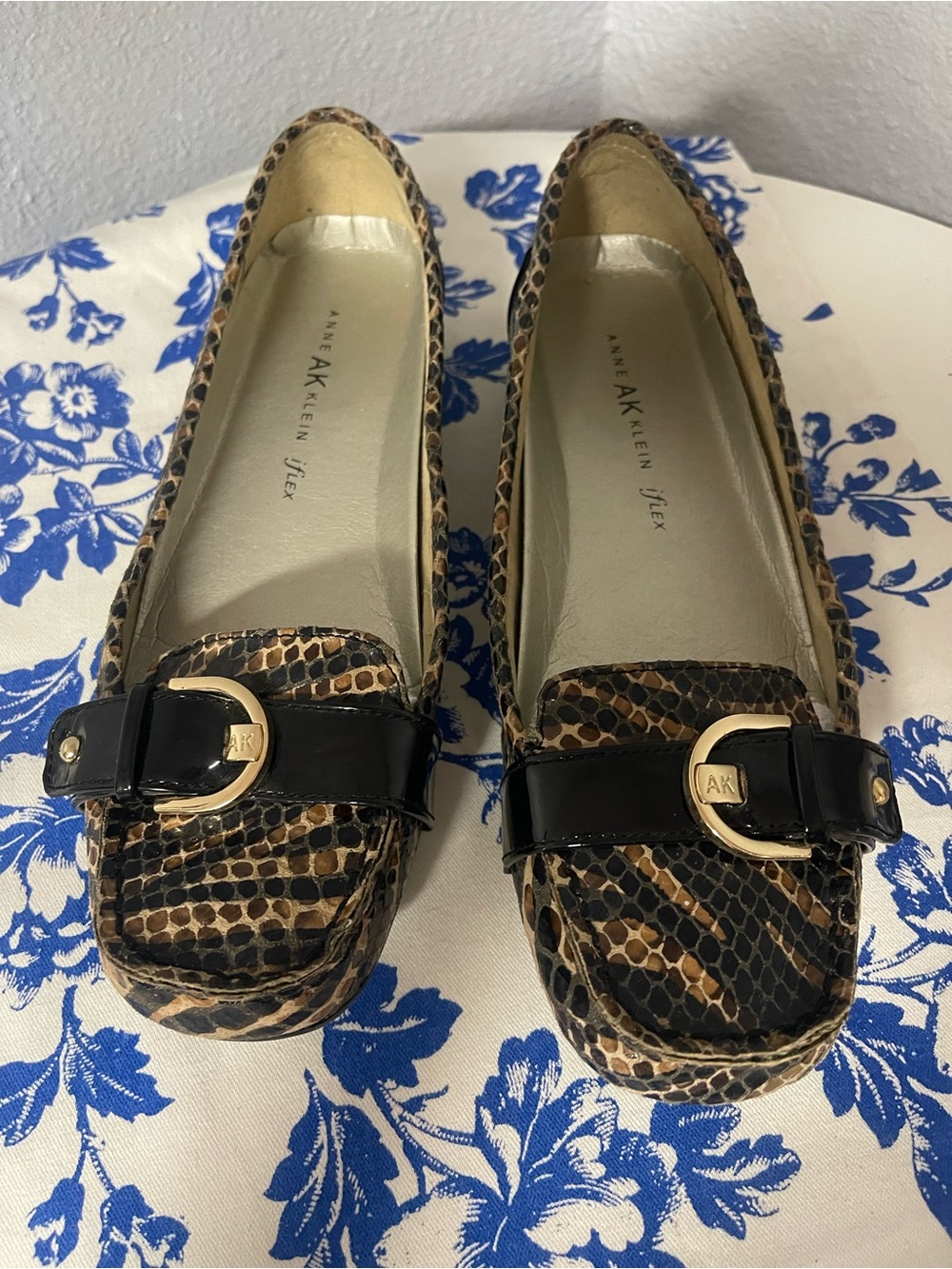 Anne Klein Black and Brown Snake-Print Loafers with Gold Buckle